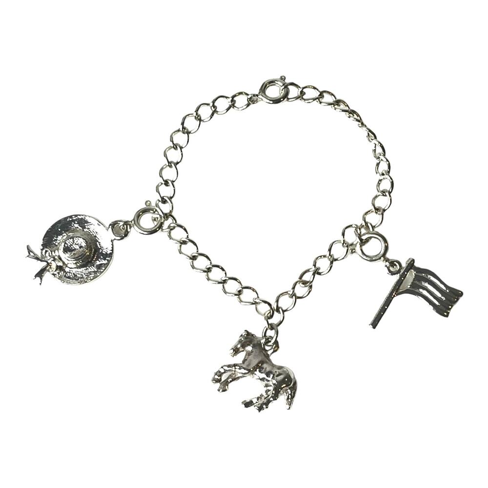 Silver Plate Charm Bracelet 6" Equine Horse US Flag Derby Hat Charms Womens